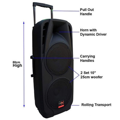 Dual 10" inch Portable Karaoke Mobile Bluetooth PA Speaker Sound System Battery + 2 UHF Microphone