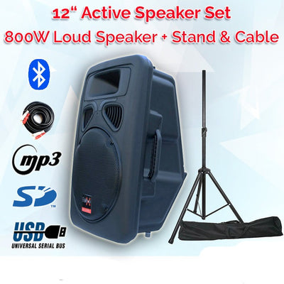 12” Inch Powerful 800w Bluetooth PA Active Speaker Digital Sound System + Stand + RCA Cable