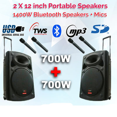 2x12" Inch TWS Linkable 1400w Powerful Bluetooth PA Speakers 5.0 Portable Sound System