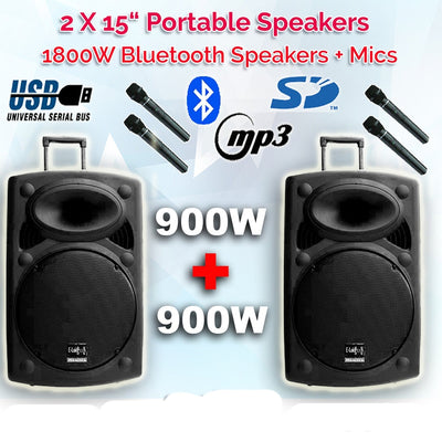 2x 15" Inch Bluetooth Portable Speakers 1800w Sound System Battery Operate USB Record 2 Microphones