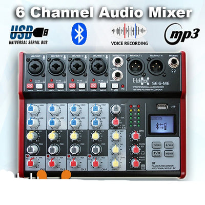 SE-6 Live Audio Mixer 6 Channel Mixer incl. USB Bluetooth Soundcard Phantom Power