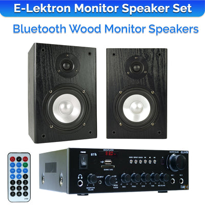 Hifi Bluetooth Amplifier with Home Stereo Bookshelf Wooden Monitor Speakers Pair & Cables