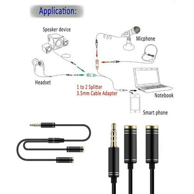 ACL 2x Headphone Audio Microphone Splitter Adapter AUX 3.5mm Male To 3.5mm Female Headphone Output & 3.5mm Female MIC Input