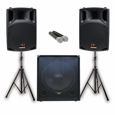 PA Package with 1x 18" Subwoofer 2x 12" Portable Speaker UHF Mics and Stands