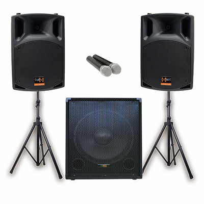 PA Package with 1x 15" Subwoofer 2x 12" Portable Speaker UHF Mics and Stands