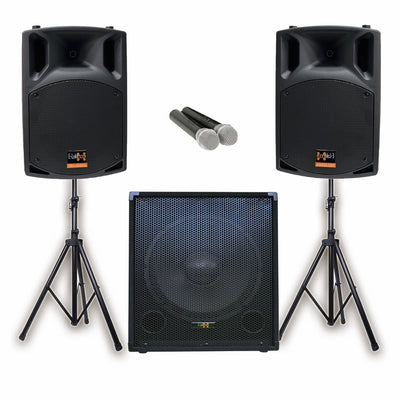 PA Package with 1x 15" Subwoofer 2x 15" Portable Speakers UHF Mics and Stands