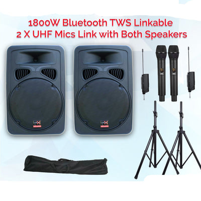 2x15" Inch Karaoke Set 1800w Powered Bluetooth TWS Speakers + 2 Tuneable UHF Wireless Microphones + Stands