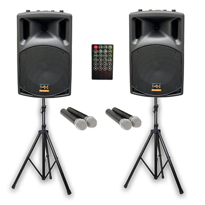 PA Package with 1x 15" Subwoofer 2x 12" Portable Speaker UHF Mics and Stands