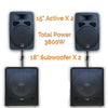 3800w Pro Audio Set with 2x 15" Inch Active Speakers + 2x18" Subwoofer + Stand