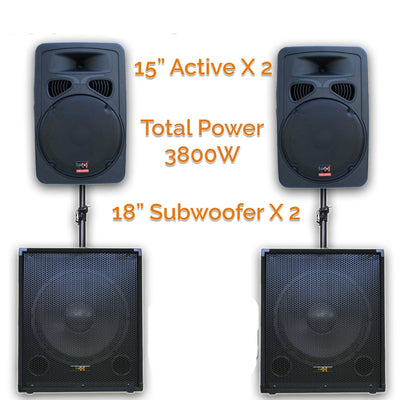 3800w Pro Audio Set with 2x 15" Inch Active Speakers + 2x18" Subwoofer + Stand