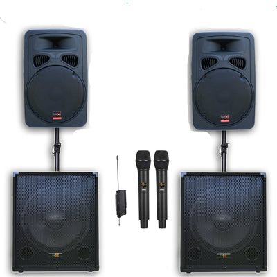 3000w Vocal Sound System - 2x 15" Active PA Speakers + 2x 15" Active Subwoofers  + 2x Wireless UHF Mics + Poles