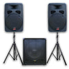 2200w Bluetooth Vocal Sound System - 2x 12" Speakers + 1x 15" Active Subwoofer + 2x Wireless Microphones + Stands