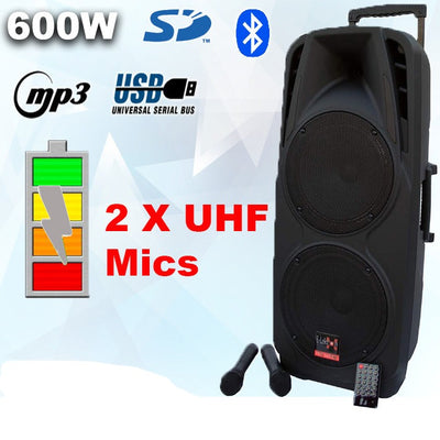 Dual 10" inch Portable Karaoke Mobile Bluetooth PA Speaker Sound System Battery + 2 UHF Microphone