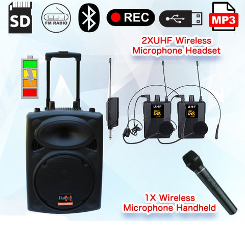 Portable Bluetooth Speaker PA Sound System 10″ Inch 500w Compact Lightweight Battery + 1x Wireless Mic + 2x Wireless Headset