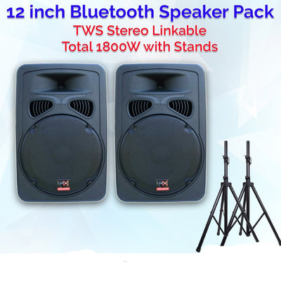 1600w 2x 12" Inch Karaoke Set Powered Bluetooth TWS Speakers + 2 UHF Mics + Stands