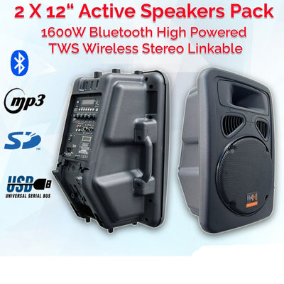 2x 12" Inch 1600w Active TWS Bluetooth Linkable Speaker Set Digital PA Sound System + Stands