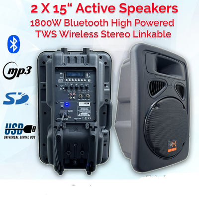 3800w Pro Audio Set with 2x 15" Inch Active Speakers + 2x18" Subwoofer + Stand