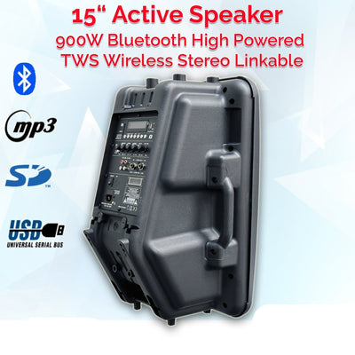 2400w Bluetooth Vocal Sound System - 2x 15" Active Speakers + 1x 15" Active Subwoofer + Wireless Mics + Stands