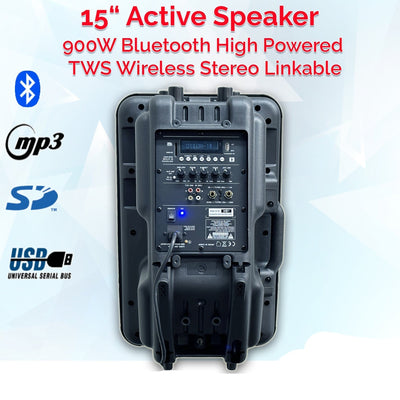 2x 15" Inch 1800w Active TWS Bluetooth Linkable Speaker Set Digital Sound System PA + RCA Cables + Stands