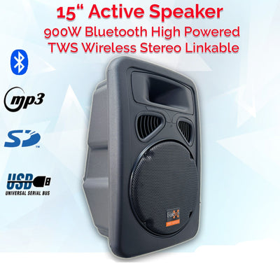 2x 15" Inch 1800w Active TWS Bluetooth Linkable Speaker Set Digital Sound System PA + RCA Cables + Stands