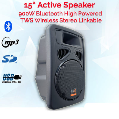 2x15" Inch Karaoke Set 1800w Powered Bluetooth TWS Speakers + 2 Tuneable UHF Wireless Microphones + Stands