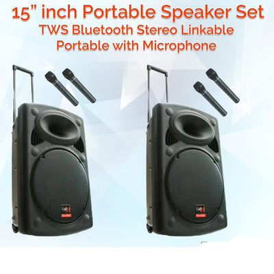 2x 15" Inch Bluetooth Portable Speakers 1800w Sound System Battery Operate USB Record 2 Microphones