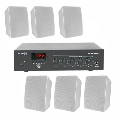 100v Mixer Amplifier Speaker Set with 6 White Weatherproof ELA Speakers