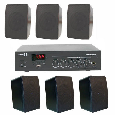 100v Mixer Amplifier Speaker Set with 6 Black Weatherproof ELA Speakers