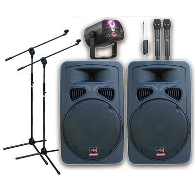 12" Inch Bluetooth Speaker Set + 2 Tuneable UHF Microphones + Party Light + Mic Stands