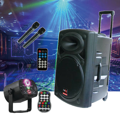 Portable 12" Speaker Laser Light Party Set W/ Battery Bluetooth Sound System 2 Mics Disco Light