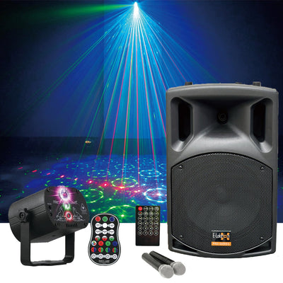 Karaoke System with 15" 900w Bluetooth Speaker + Wireless Mics + Colour Disco Laser Light