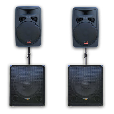 3000w Vocal Sound System - 2x 15" Active PA Speakers + 2x 15" Active Subwoofers  + 2x Wireless UHF Mics + Poles