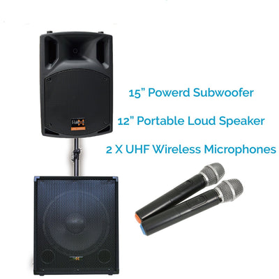 PA System Package with 15" Subwoofer 12" Portable Speaker UHF Mics and Pole