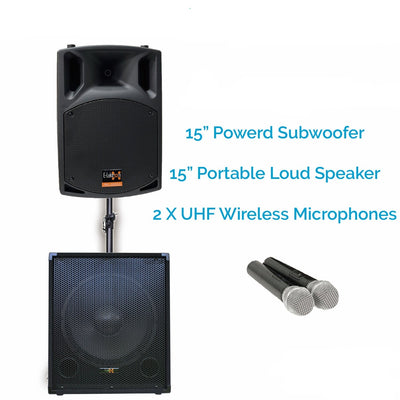 PA System Package with 15" Subwoofer 15" Portable Speaker UHF Mics and Pole