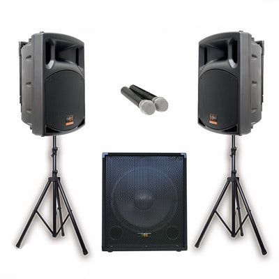 PA Package with 1x 15" Subwoofer 2x 12" Portable Speaker UHF Mics and Stands