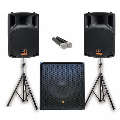 PA Package with 1x 18" Subwoofer 2x 12" Portable Speaker UHF Mics and Stands