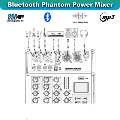 SE-4MM 4 Channel USB Bluetooth Audio Mixer Phantom Power with Condenser Mic