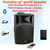 Karaoke System with 15" 900w Bluetooth Speaker + Wireless Mics + Colour Disco Laser Light