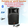 1800w 2x 15" Inch  PA Speakers Bluetooth TWS Wireless Linkable Loud Portable Sound System Recording + 4 UHF Mics + Stands