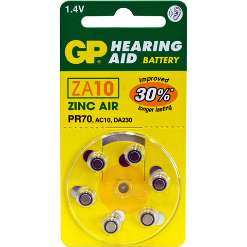 ZA10B6 HEARING AID BATTERY, 6 PACK SIZE 10, PR70, AC10 - GP GP ZA10-B6