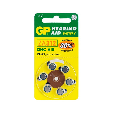 ZA312B6 HEARING AID BATTERY, 6 PACK SIZE 312, PR41, AC312 - GP GP ZA312-D6