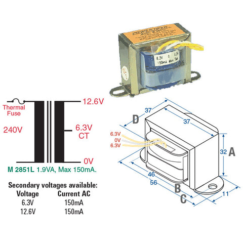 TF02155T 6.3V- 15V 1A MAINS TRANSFORMER 15VA STADIUM MULTI TAPPED STADIUM 2155A