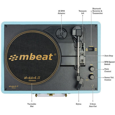 TR96BLU VINTAGE TURNTABLE WITH BT BLUE WOODSTOCK II MBEAT MB-TR96BLU
