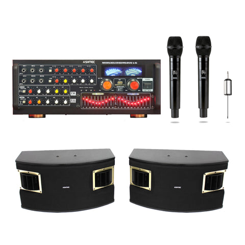 ASHTEC 1200w Bluetooth Mixer Amplifier + Pair of Speakers + Pair of Cordless Microphone + 10m Free Speaker Cable