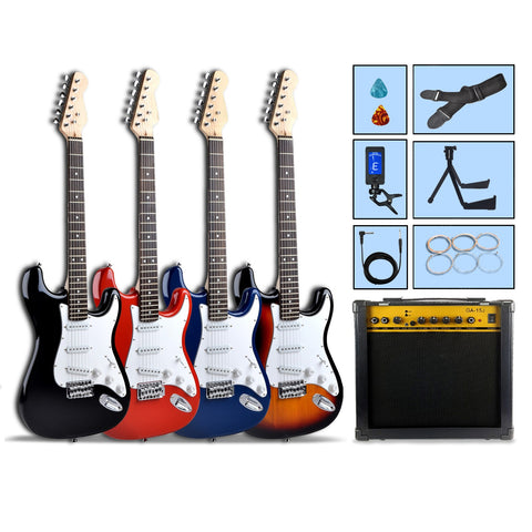 Electric Guitar Strat Style & Optional Accessories Package 4 Colours With Amplifier Stand Rechargeable Tuner Cable Strap Strings Pics