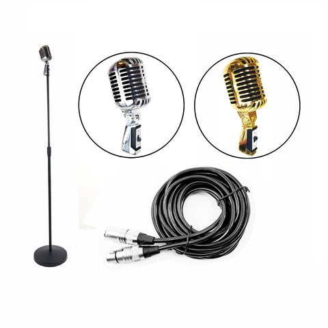 Classic Vintage Dynamic Microphone Pack Includes Mic Stand & Cable Silver, Rose Gold or Gold