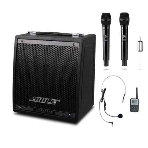 PA Speaker + 2.4 GHz Wireless Mic Headset + Optional Single or Dual Wireless Microphones AUX mp3