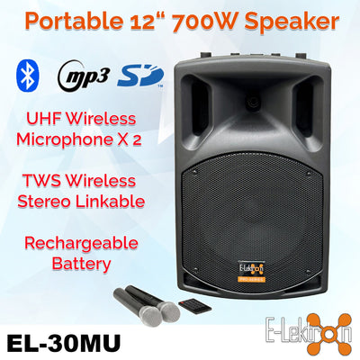 EL30-MU UHF 700W 12" inch Bluetooth Wireless linkable Loud Portable PA Speaker Sound System Recoding incl.2 Mics for Karaoke Coach Speech Singing