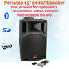 900W 15" inch Bluetooth Wireless Linkable Portable PA Speaker Sound System Recording + 2 Mics